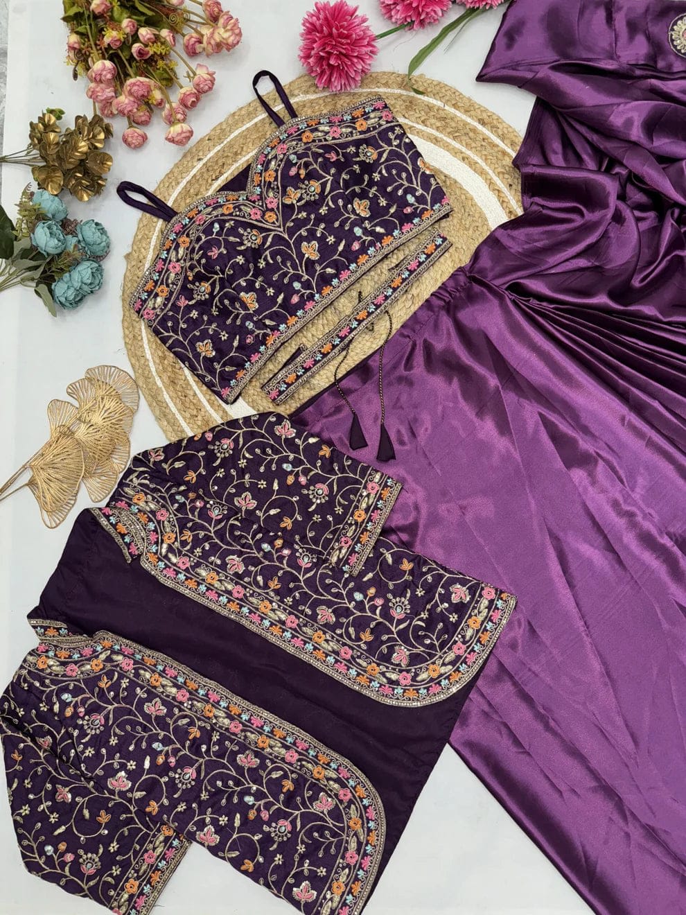 A Purple Ready-to-Wear Embroidered Saree in Premium Rangoli Silk