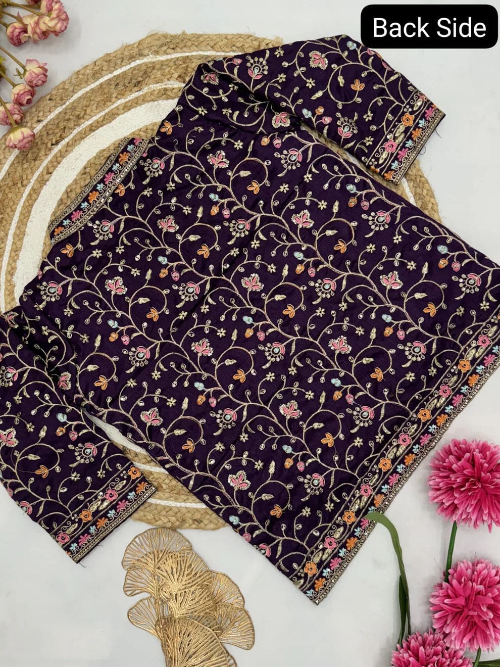 A Purple Ready-to-Wear Embroidered Saree in Premium Rangoli Silk
