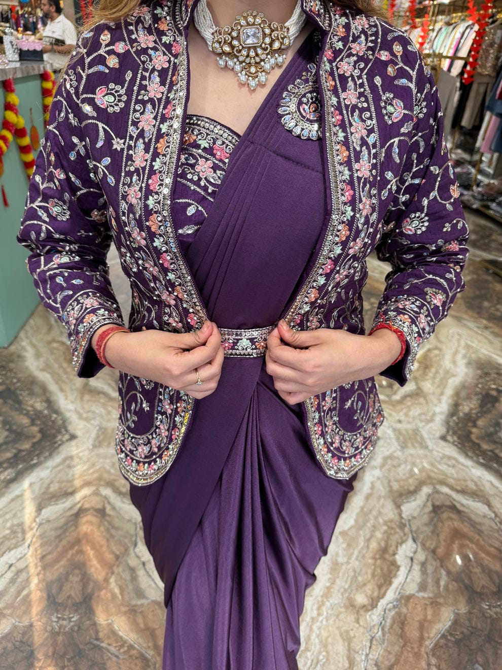 A Purple Ready-to-Wear Embroidered Saree in Premium Rangoli Silk - View 3