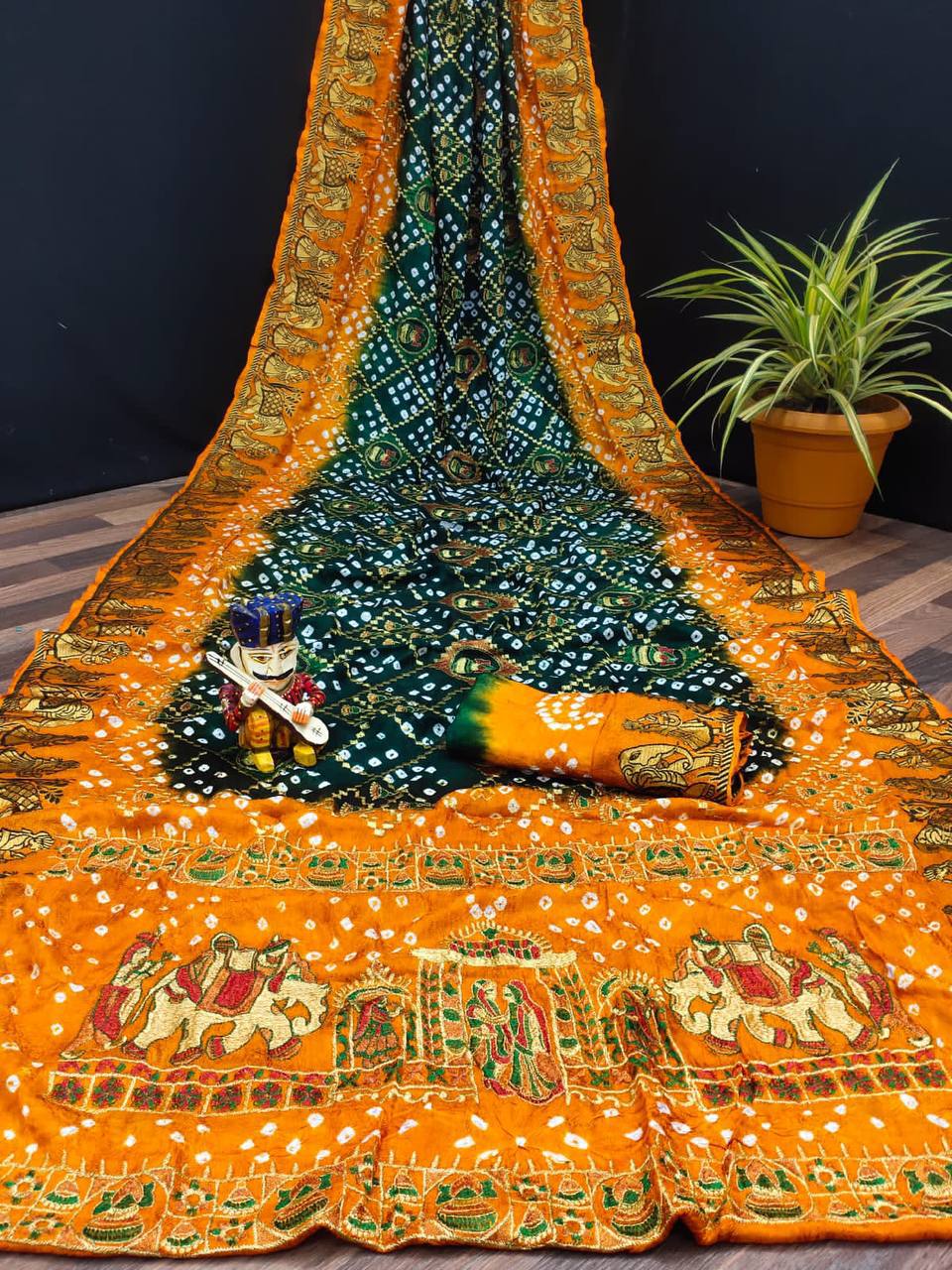 A Traditional Bandhej Saree with Royal Kathiyawadi Embroidery