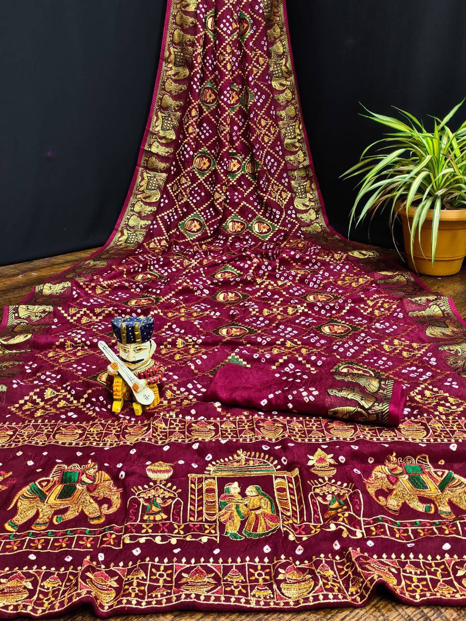 A Traditional Bandhej Saree with Royal Kathiyawadi Embroidery - View 3