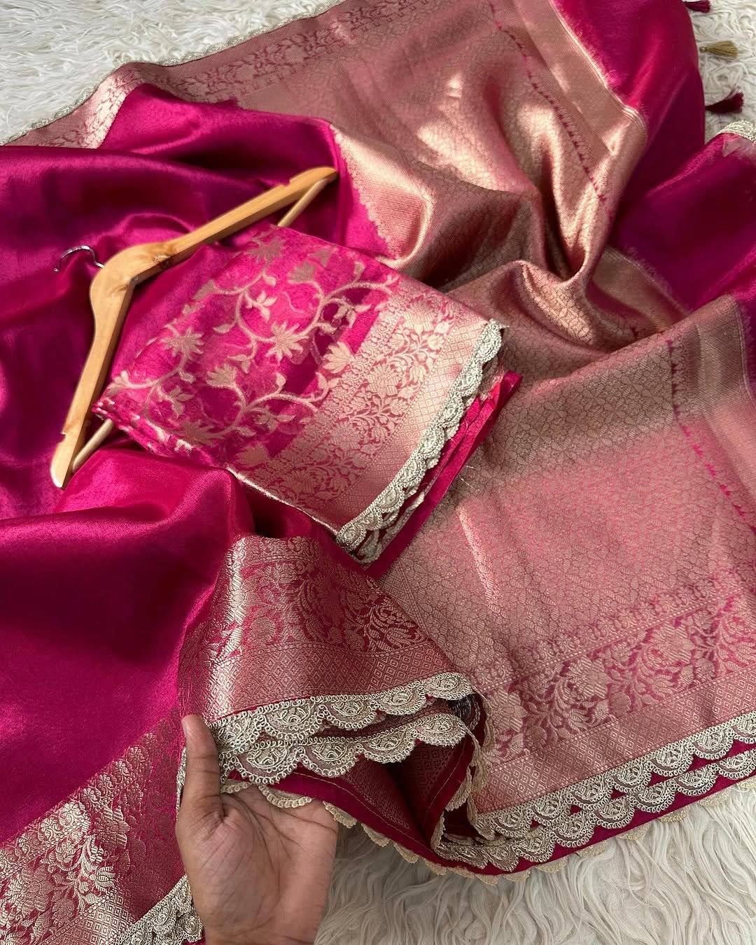 A Designer Banarasi Maharani Tissue Silk Saree with handwork lace border for weddings - View 3