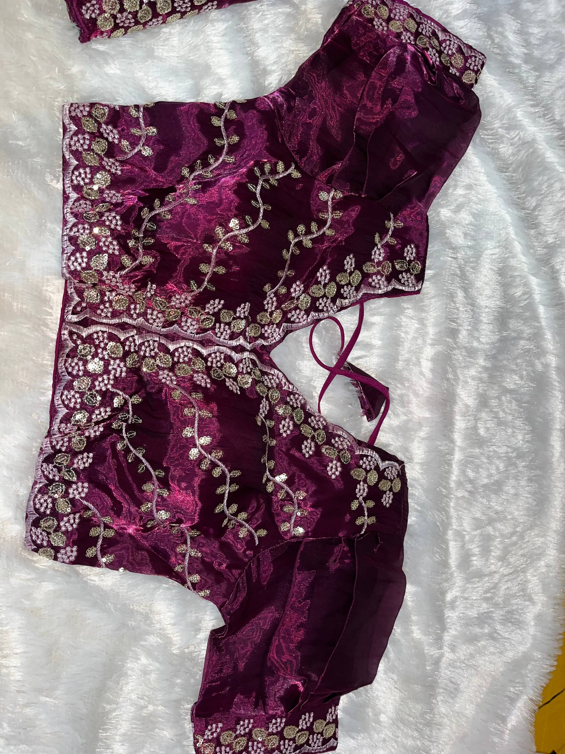 A Maroon Sequin Embroidered Saree with Stitched Blouse (Size 38-42")