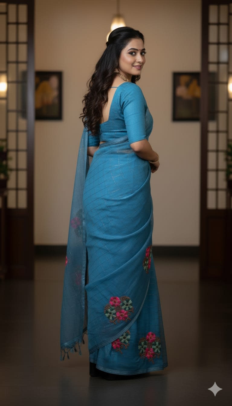 A Blue Cotton Mix Saree with Golden Zari Weaving & Floral Embroidery - Designer Party & Festive Wear, 6.3 Mtr with Matching Blouse