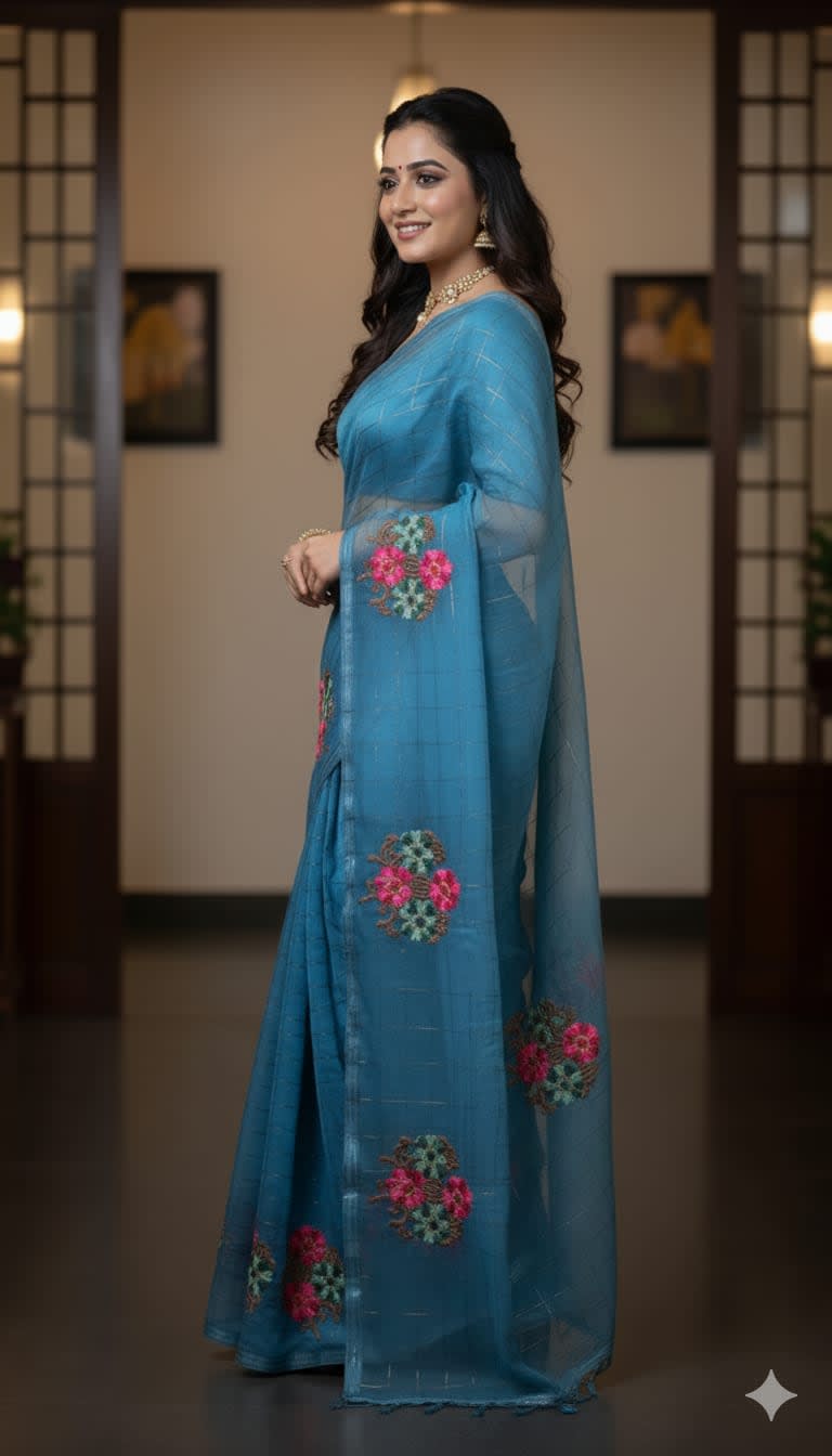 A Blue Cotton Mix Saree with Golden Zari Weaving & Floral Embroidery - Designer Party & Festive Wear, 6.3 Mtr with Matching Blouse - View 3