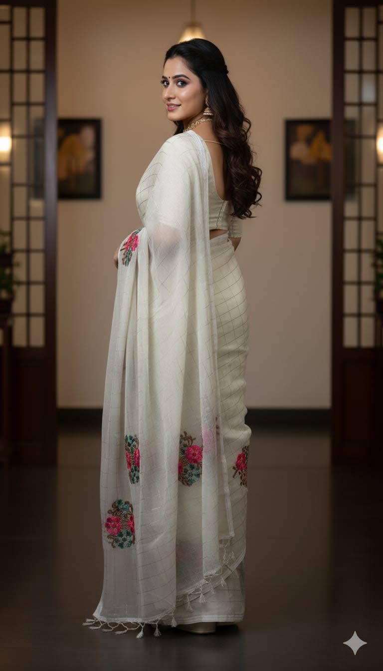 Cotton Mix Saree with Golden Zari Weaving & Floral Embroidery - Designer Party & Festive Wear, 6.3 Mtr with Blouse