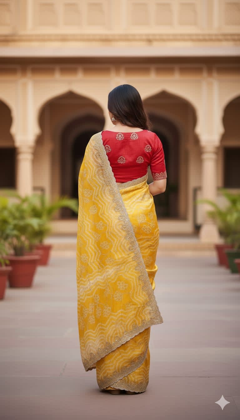 Yellow Satin Chiffon Saree with Sequins Handwork - View 3