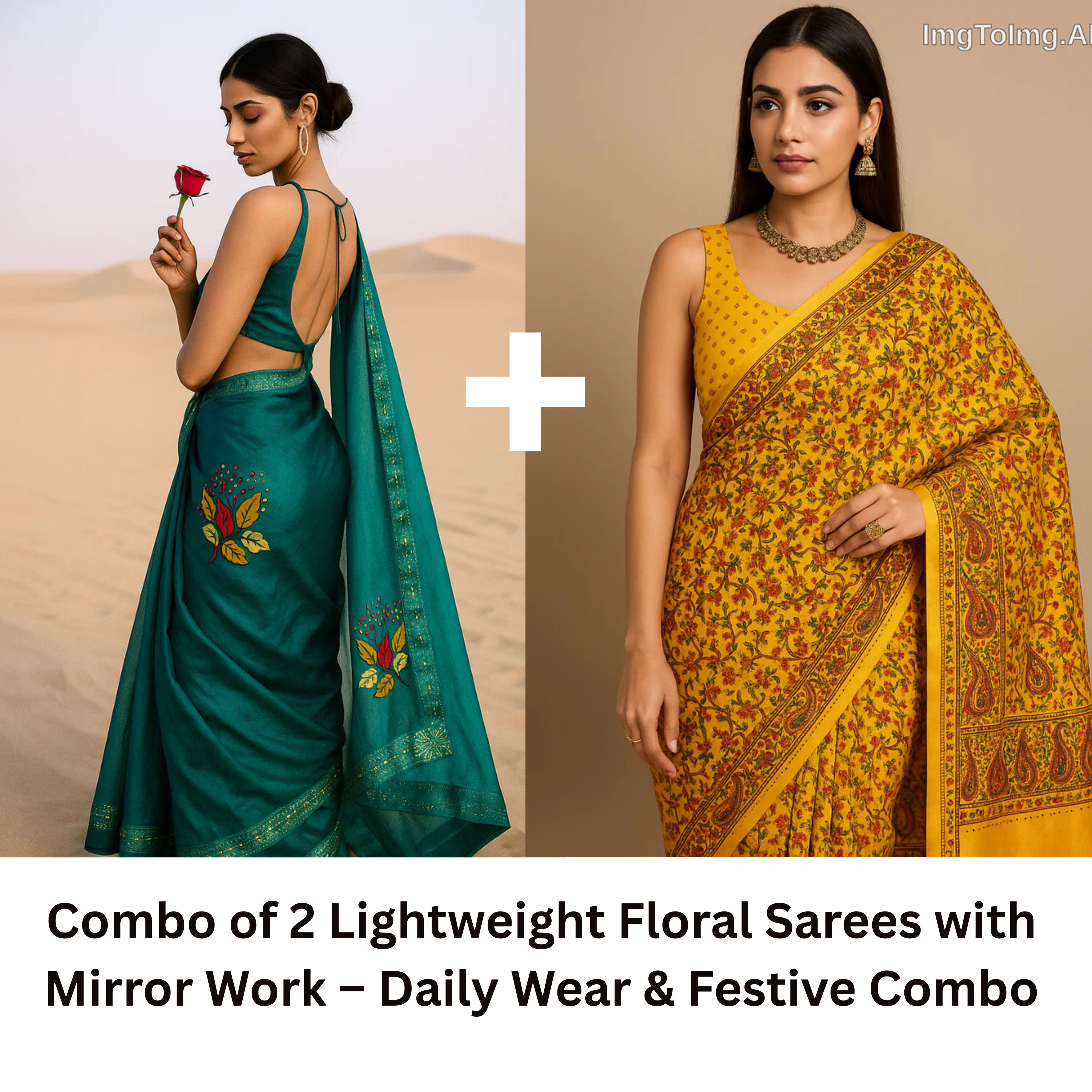 Combo: 2 Lightweight Floral Sarees - Mirror Work - Silk Saree Online India - Buy at ₹699 - Image 1