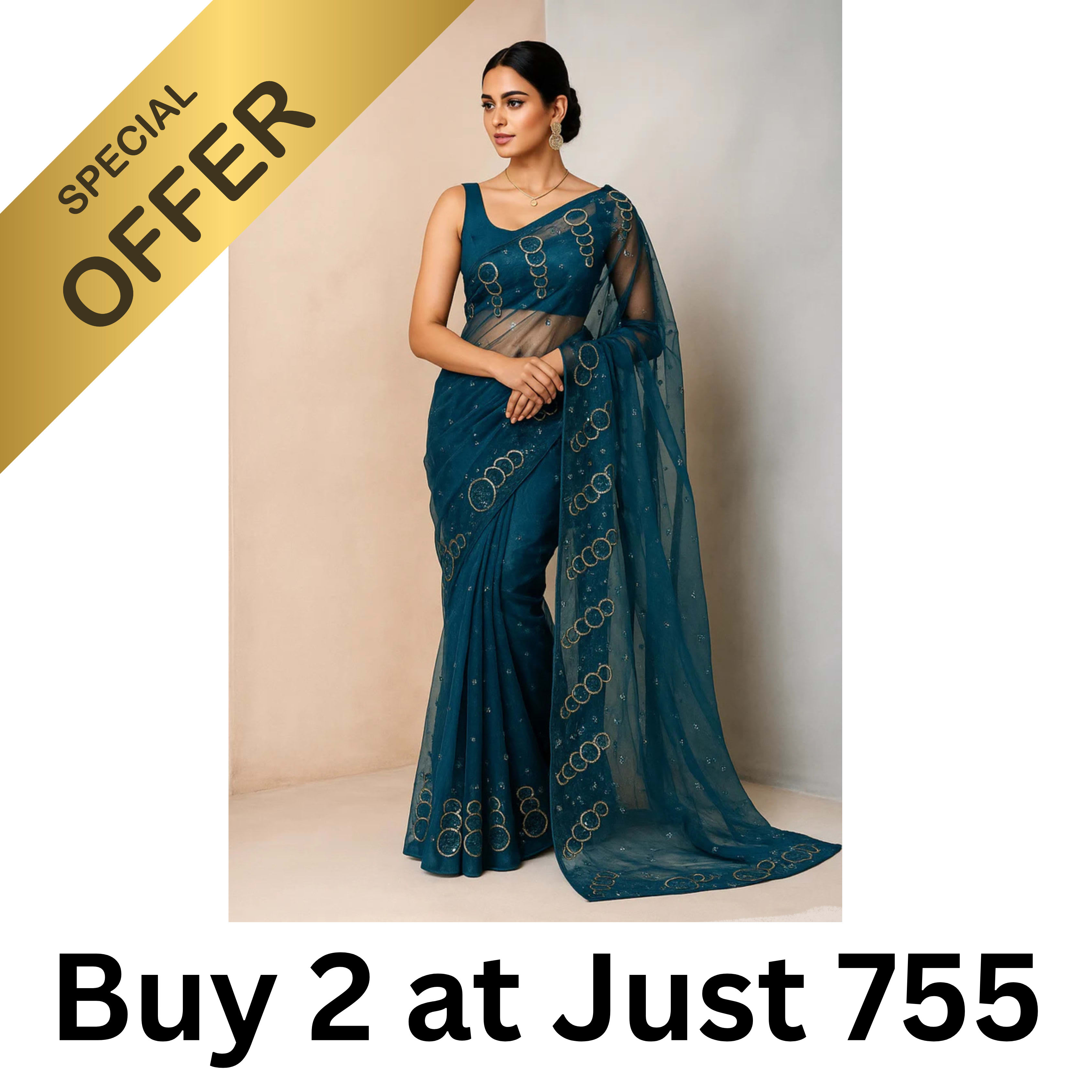 Combo: 2 Midnight Blue Organza Sarees - Organza Saree Online India - Buy at ₹755 - Image 1