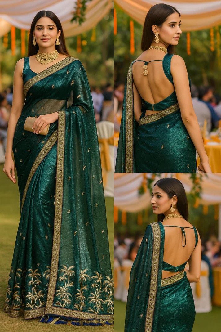 Combo: 2 Twill Net Sarees - Sequin & Golden Border - View 4