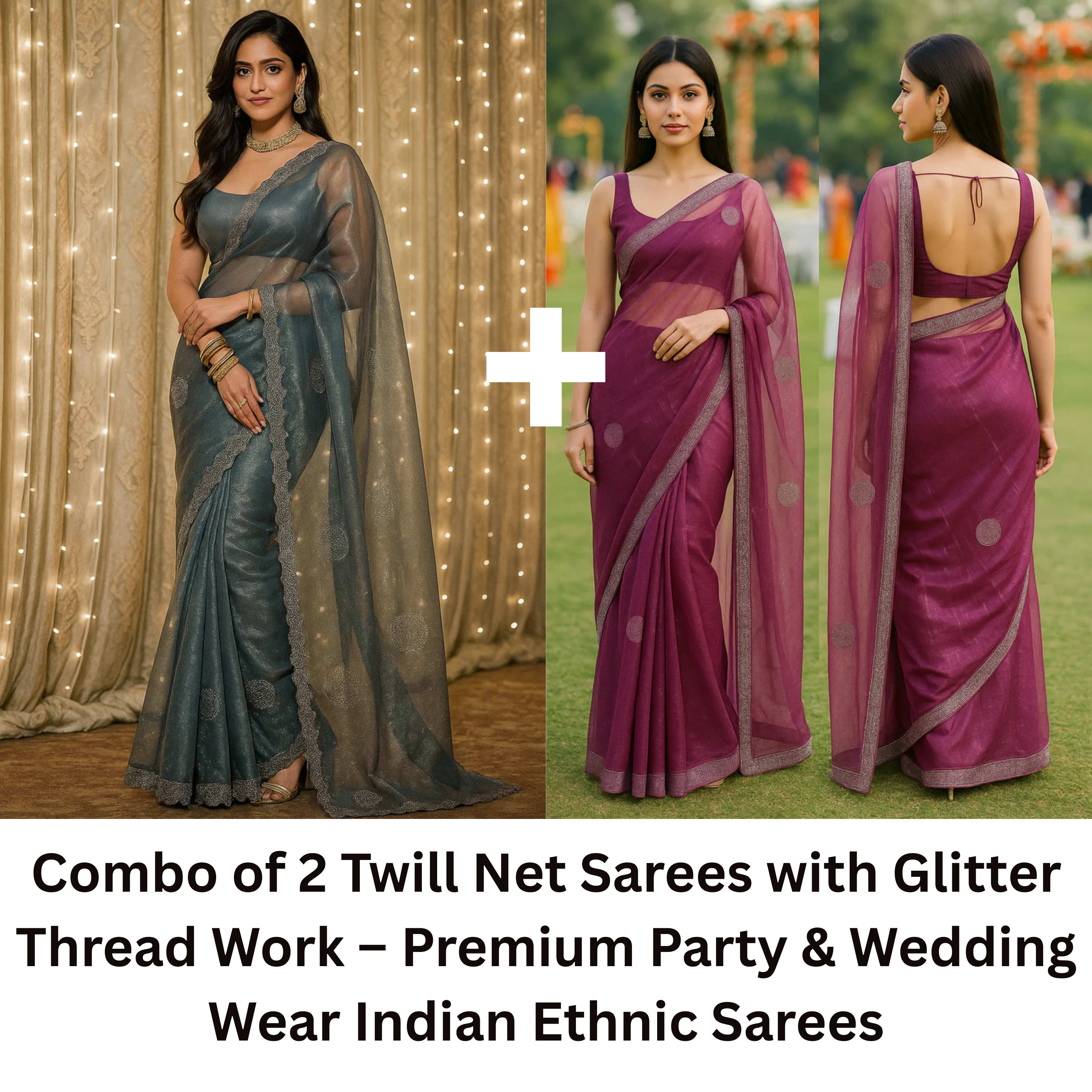 Combo: 2 Premium Twill Net Sarees - Glitter Work