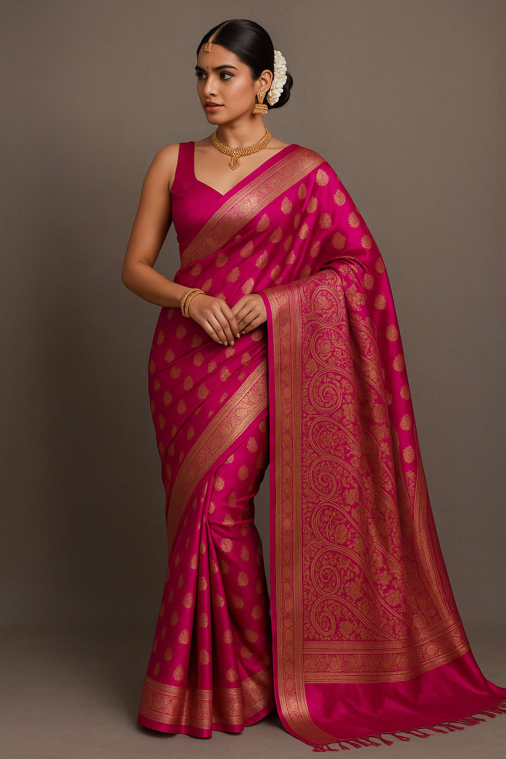 Exquisite Emerald Pink Kanjeevaram Silk Saree with Golden Zari Work and Matching Blouse