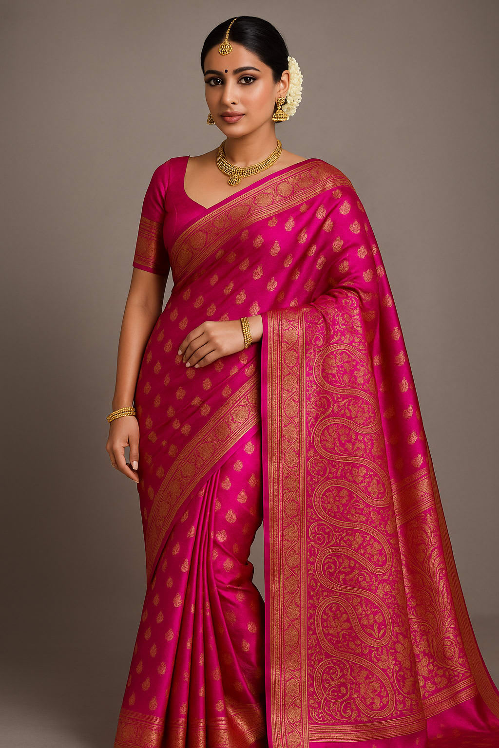Exquisite Emerald Pink Kanjeevaram Silk Saree with Golden Zari Work and Matching Blouse