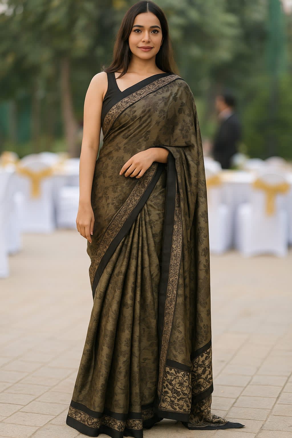 Elegant Olive Black Braso Silk Saree