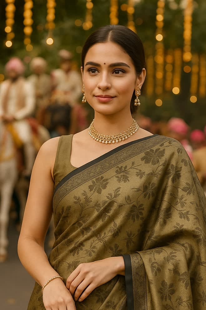 Elegant Olive Black Braso Silk Saree - View 4