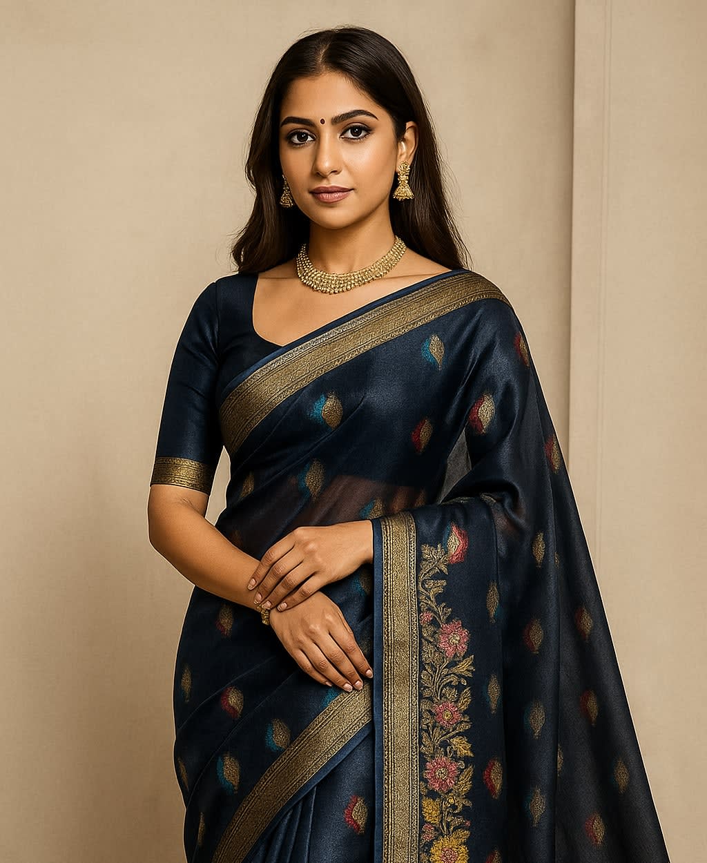 Graceful Dark Blue Organza Silk Saree