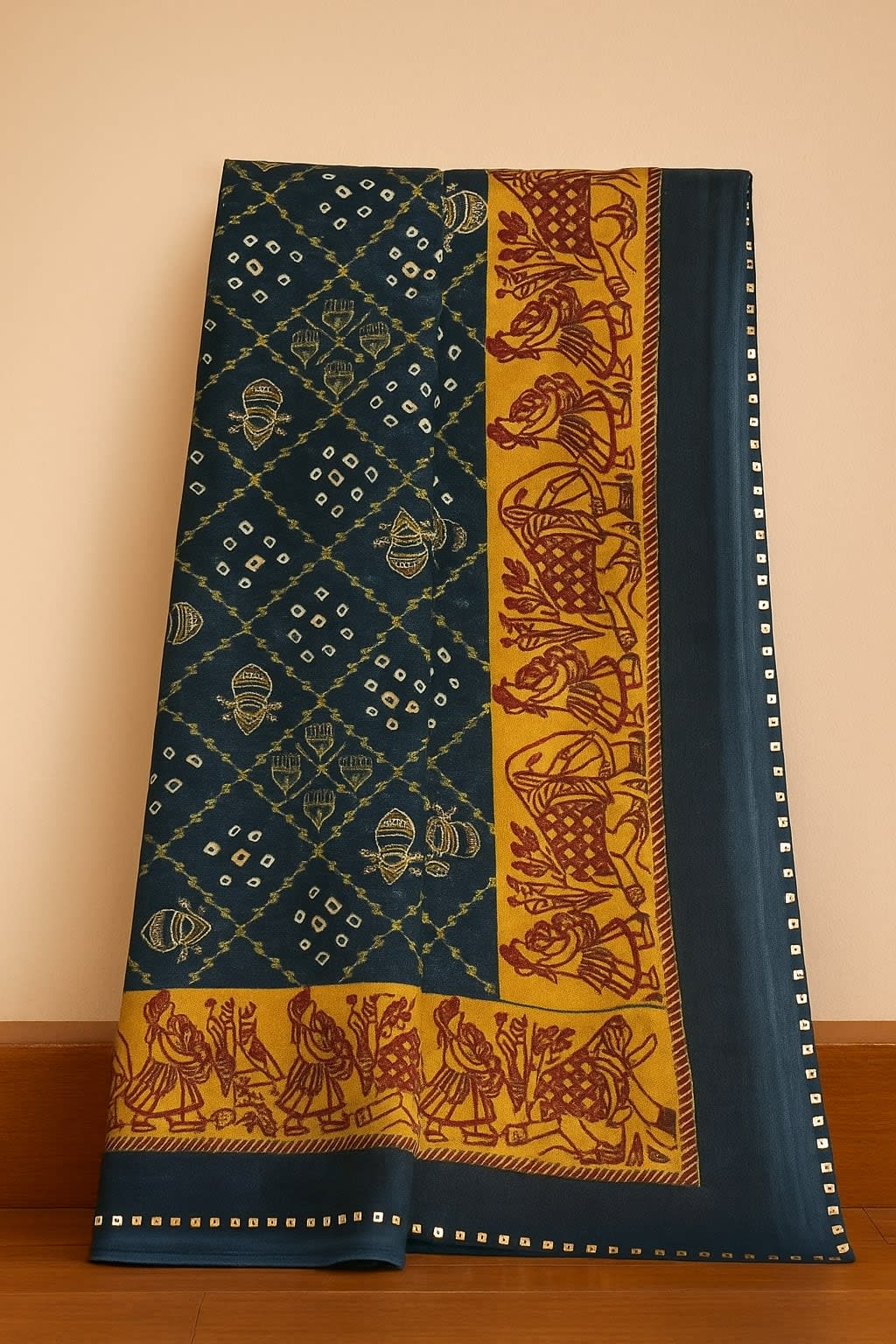 Traditional Gharchola Saree with Bandhani & Folk Art Border - View 3