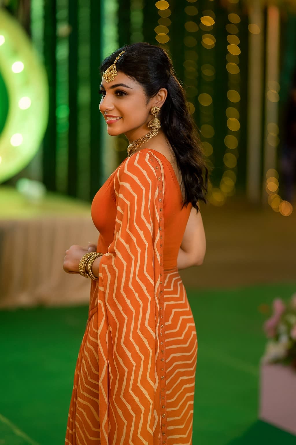 Orange & White Zigzag Printed Chiffon Saree with Matching Blouse