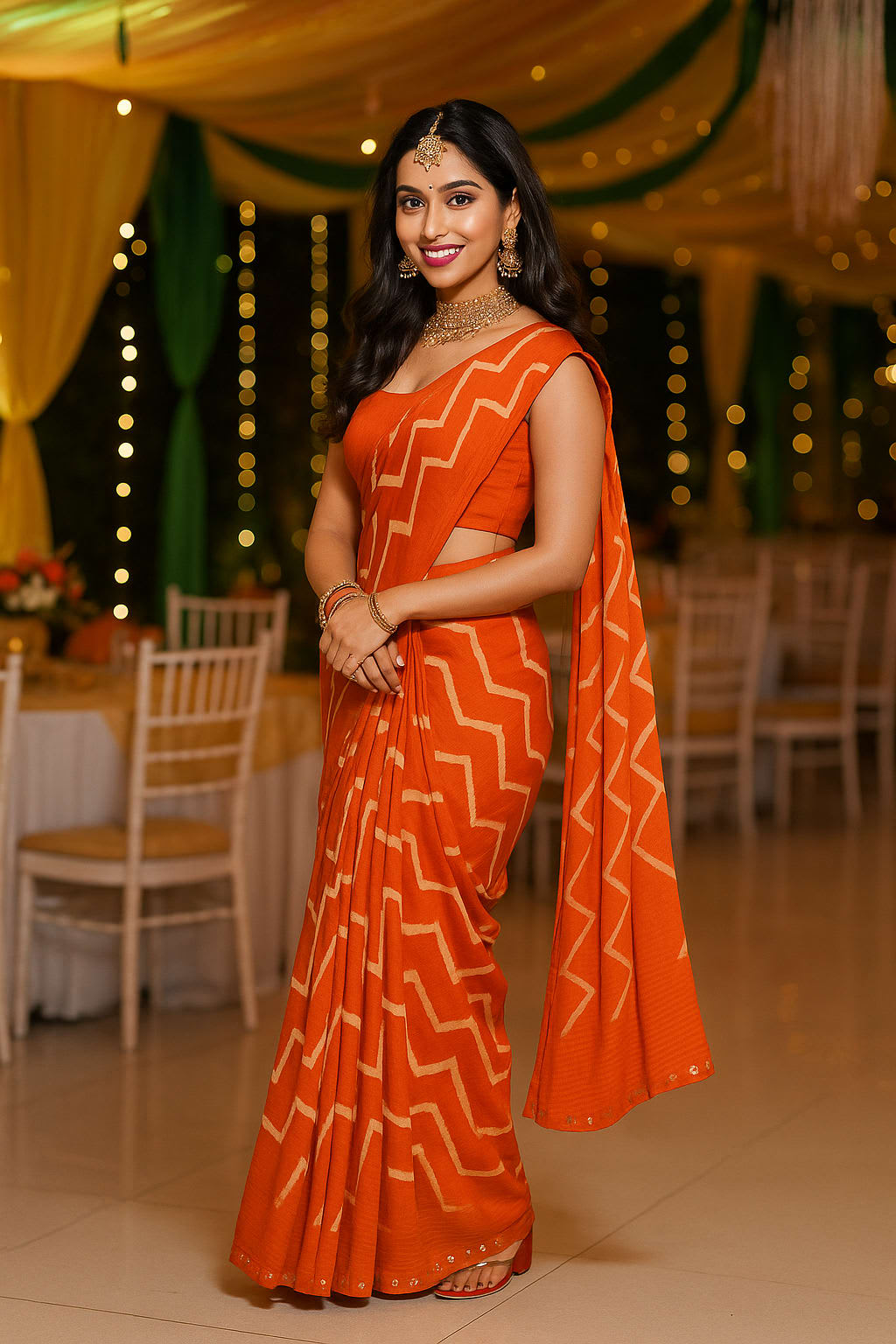Orange & White Zigzag Printed Chiffon Saree with Matching Blouse