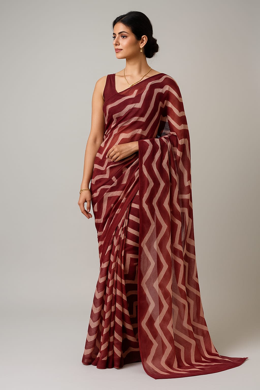 Maroon & White Zigzag Printed Chiffon Saree with Matching Blouse - View 3