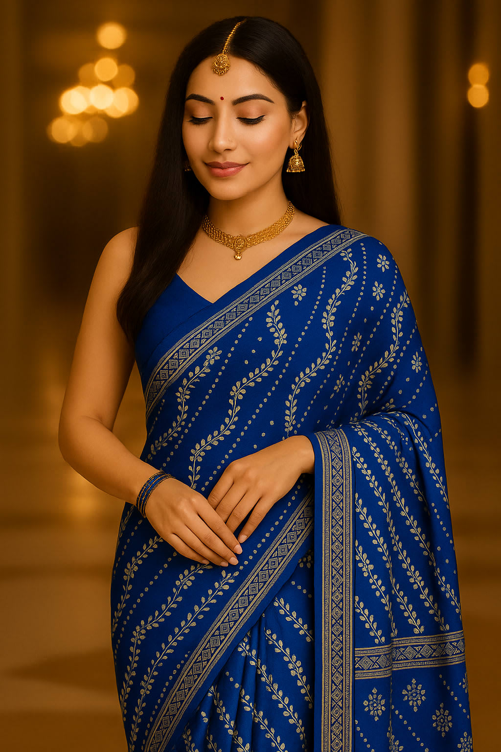 Radiant Blue Chiffon Printed Saree with Matching Blouse - Lightweight & Festive