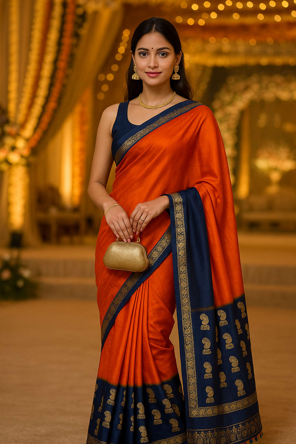 Elegant Orange & Blue Vichitra Silk Saree with Lace Border Blouse