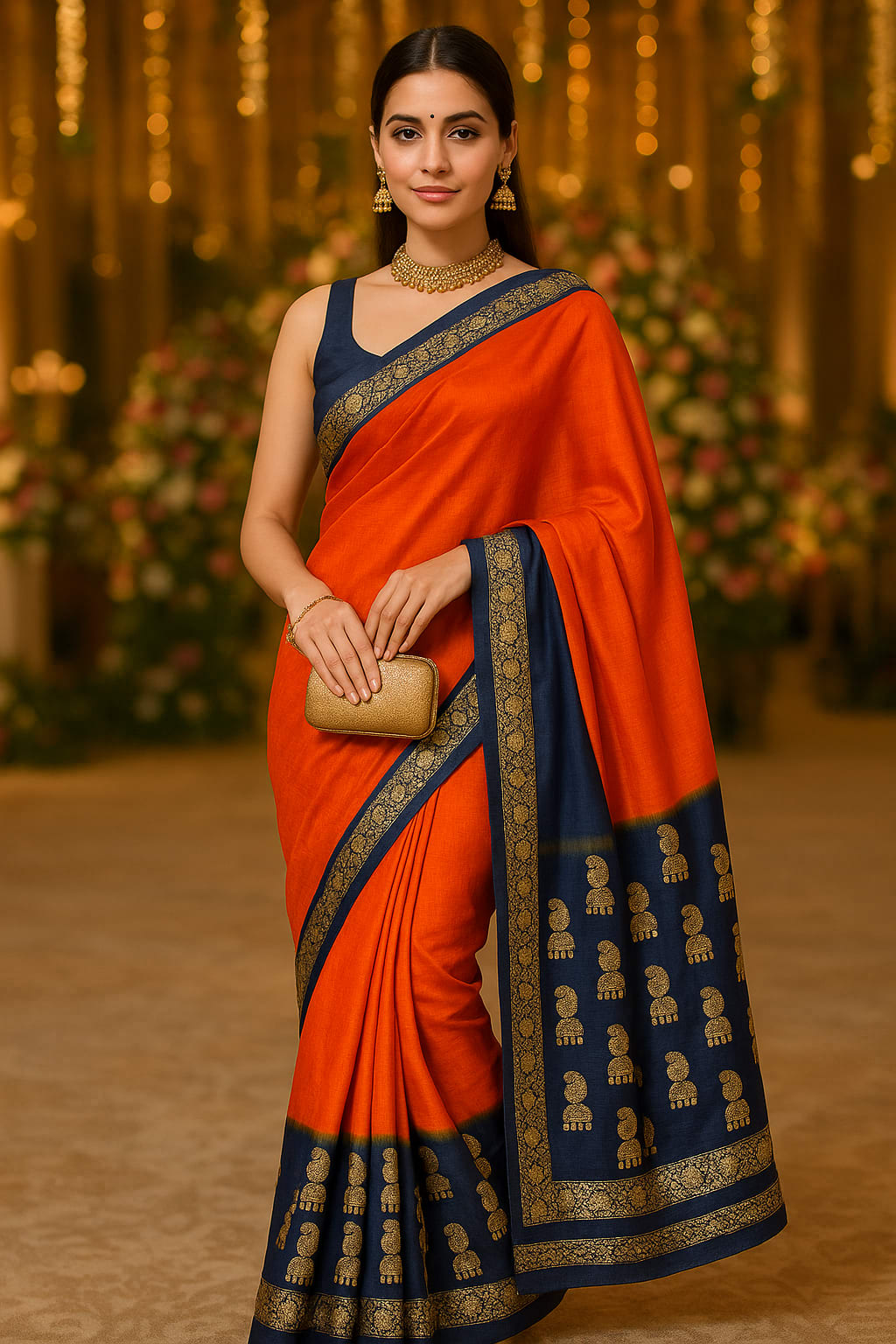 Elegant Orange & Blue Vichitra Silk Saree with Lace Border Blouse