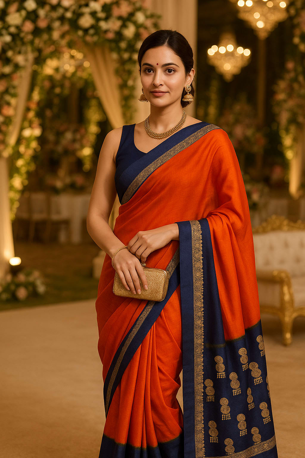 Elegant Orange & Blue Vichitra Silk Saree with Lace Border Blouse - View 3