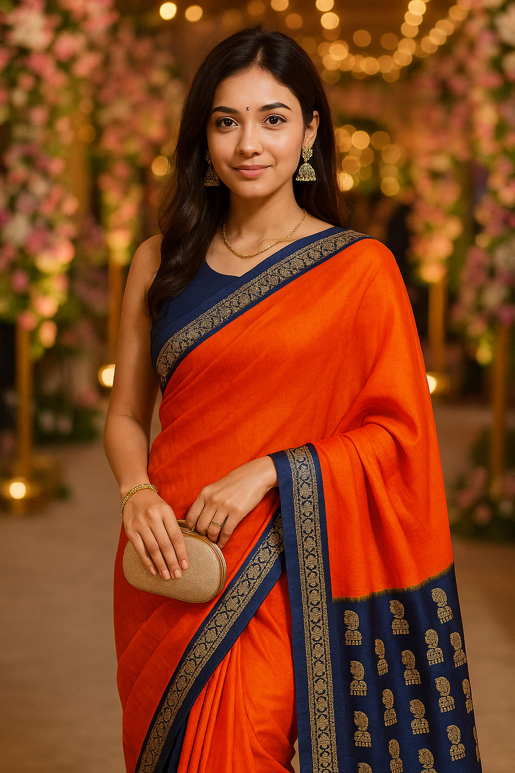 Elegant Orange & Blue Vichitra Silk Saree with Lace Border Blouse - View 4