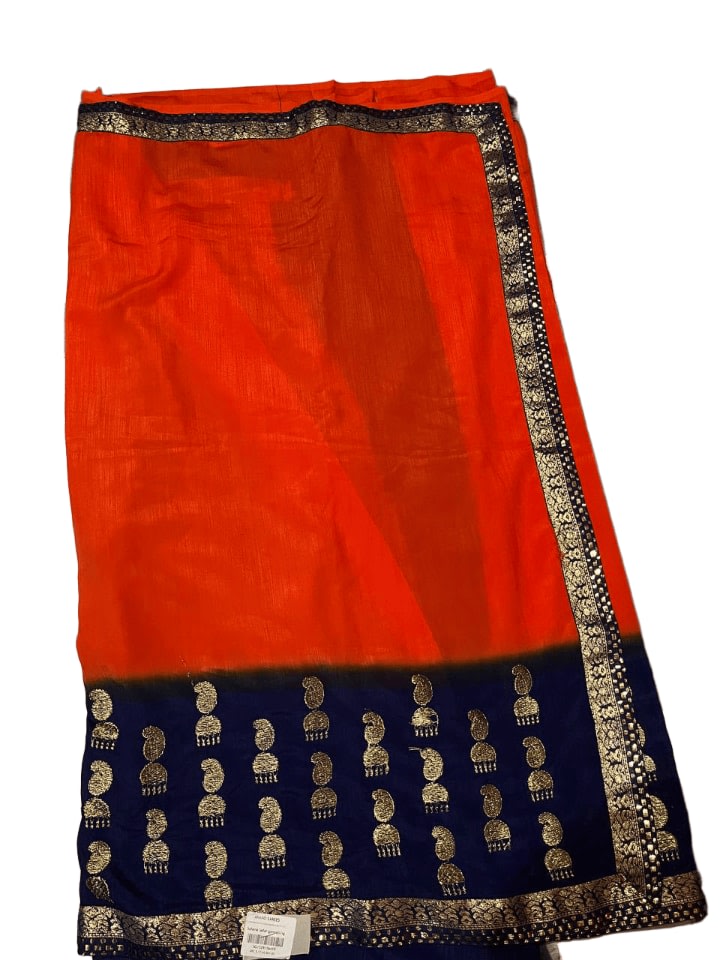 Elegant Orange & Blue Vichitra Silk Saree with Lace Border Blouse - View 5