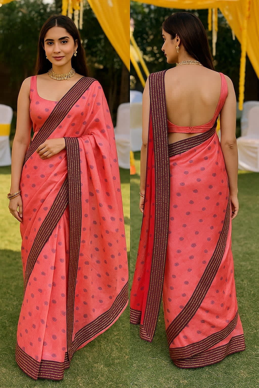Vibrant Pink Printed Saree with Zari Border Lace