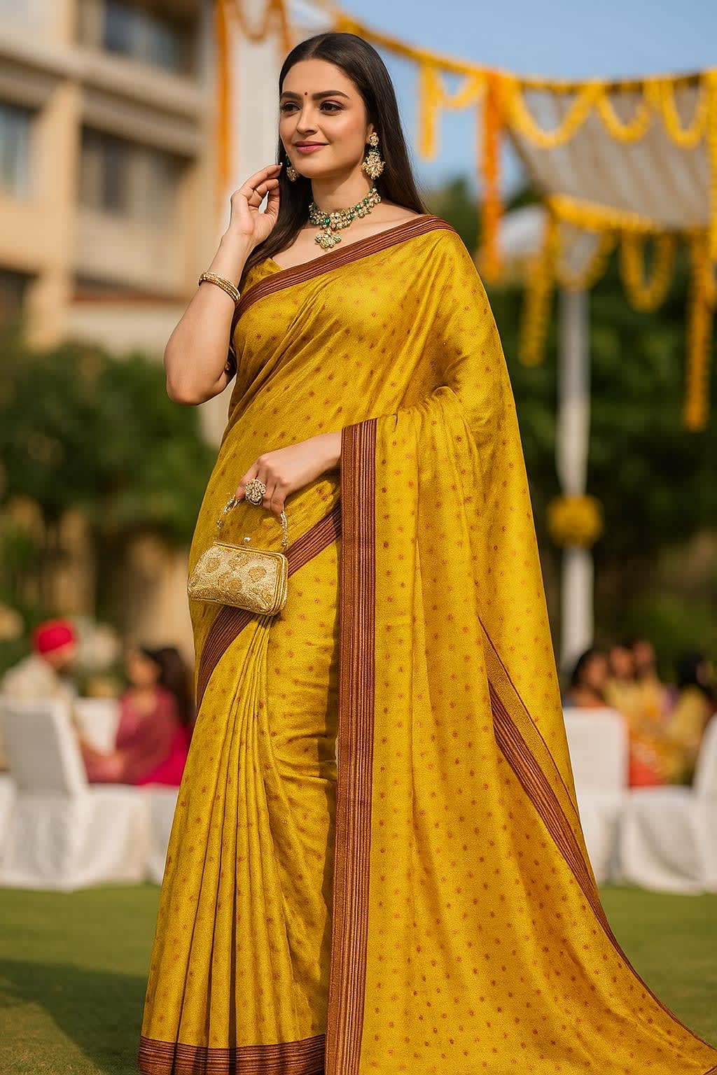 Vibrant Yellow Printed Saree with Zari Border Lace