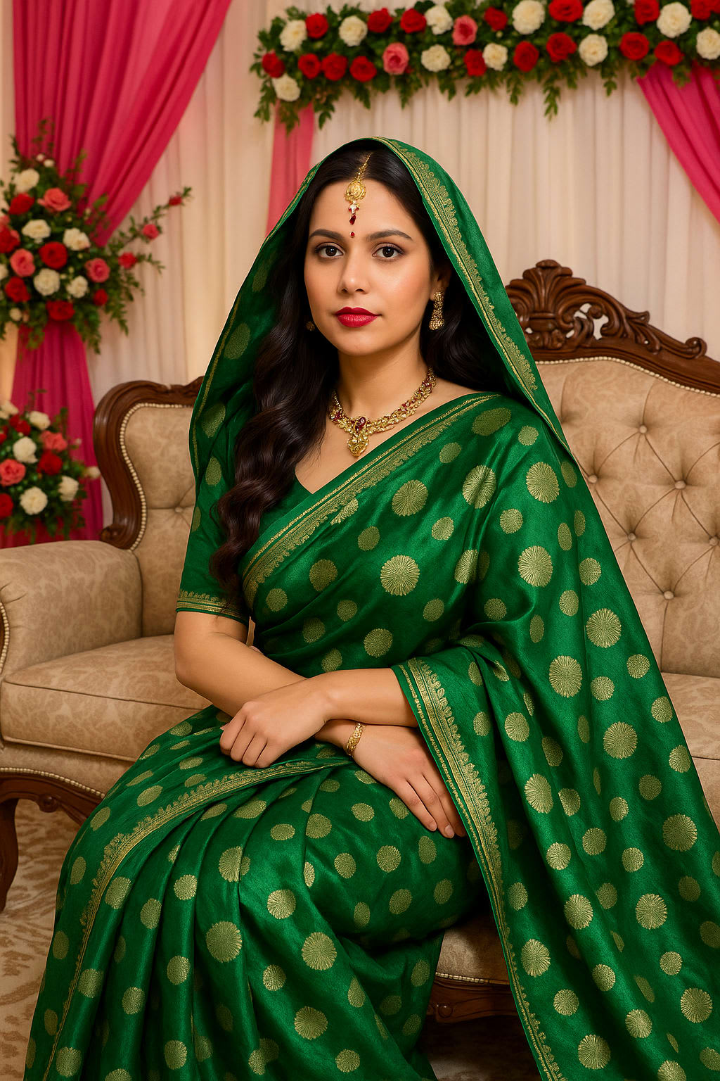 Elegant Green Vichitra Silk Saree with Foil Print & Samosa Lace Border