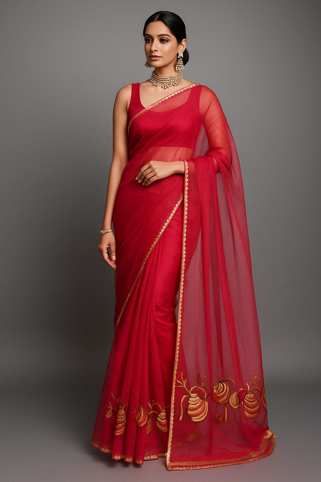 Crimson Bloom Net Saree with Embroidered Work
