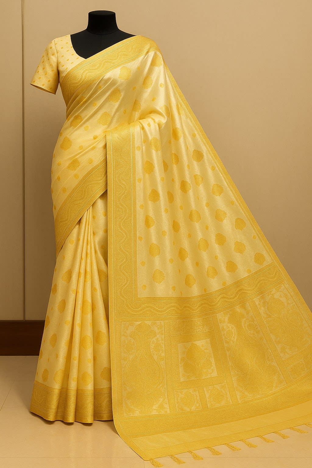 Elegant Off-White Banarasi Silk Saree with Golden Zari Work