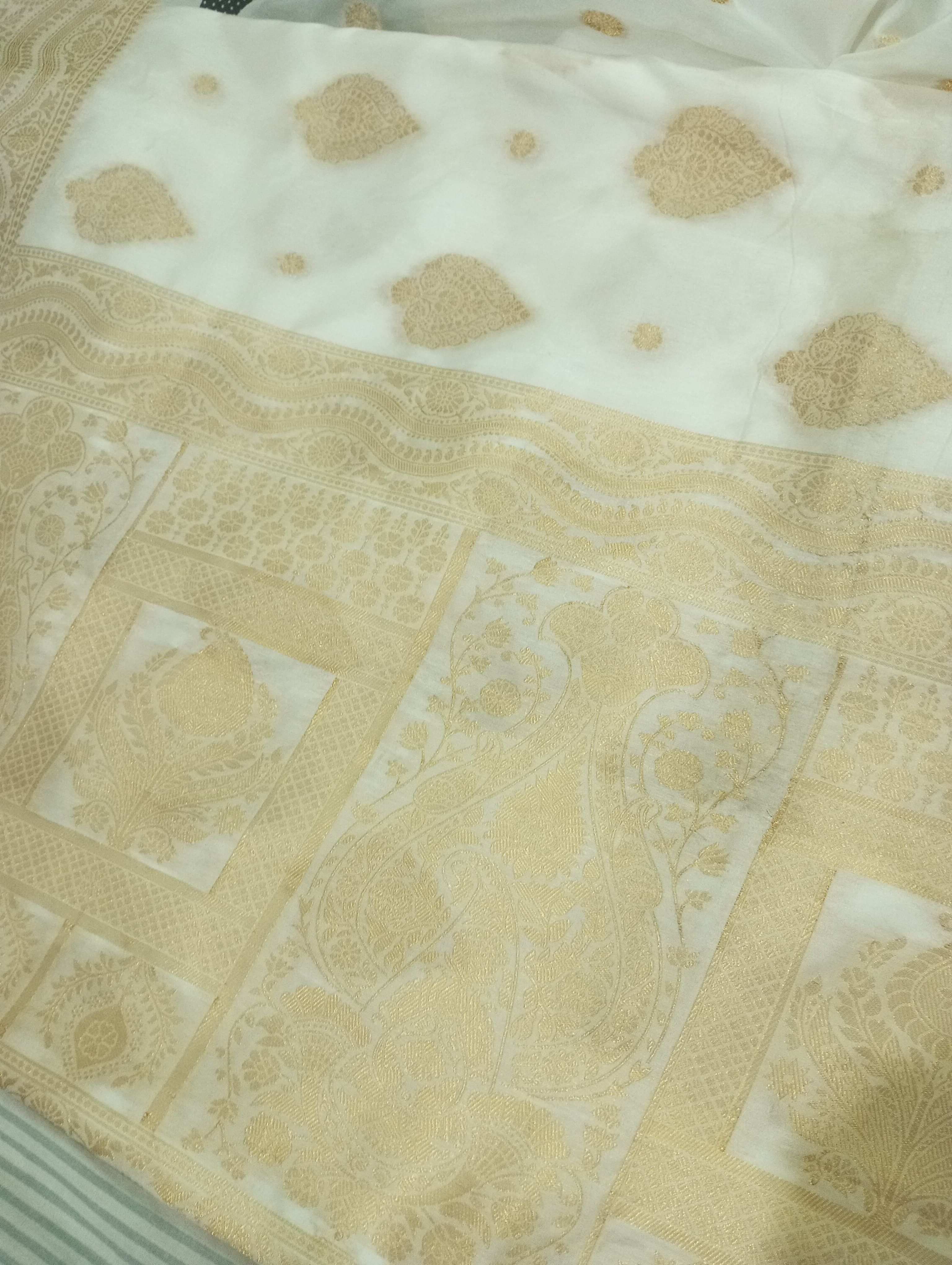 Elegant Off-White Banarasi Silk Saree with Golden Zari Work - View 3