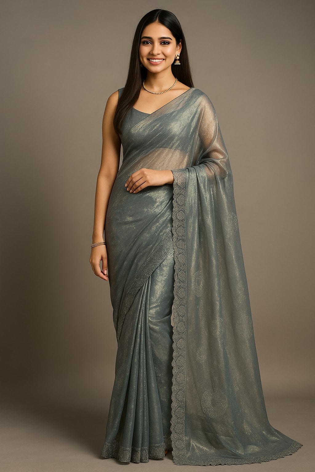 Elegance with this mesmerizing grey twill net saree - View 2
