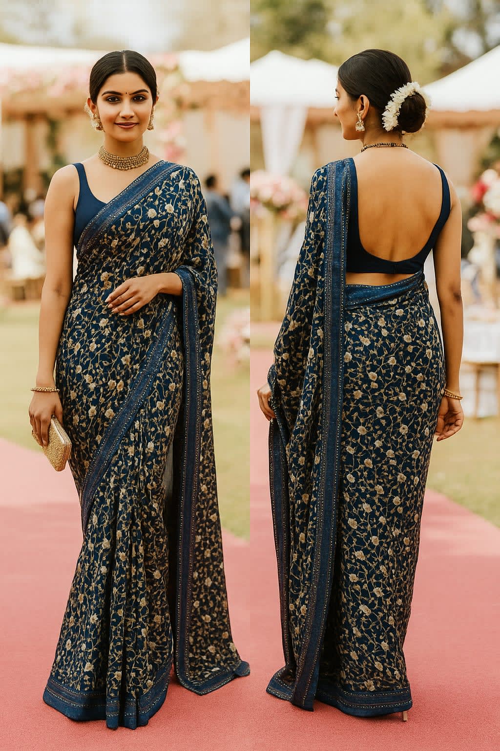 Vibrant Blue Floral Light Weight Saree with Mirror Border - View 3