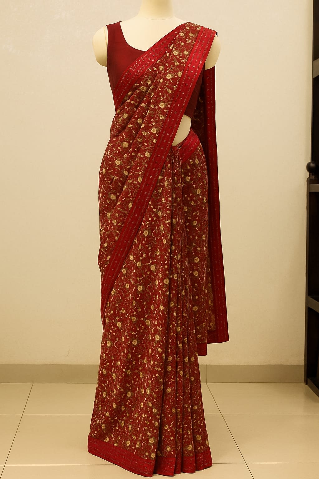 Radiant Red Floral Light Weight Saree with Sequin Border - View 3