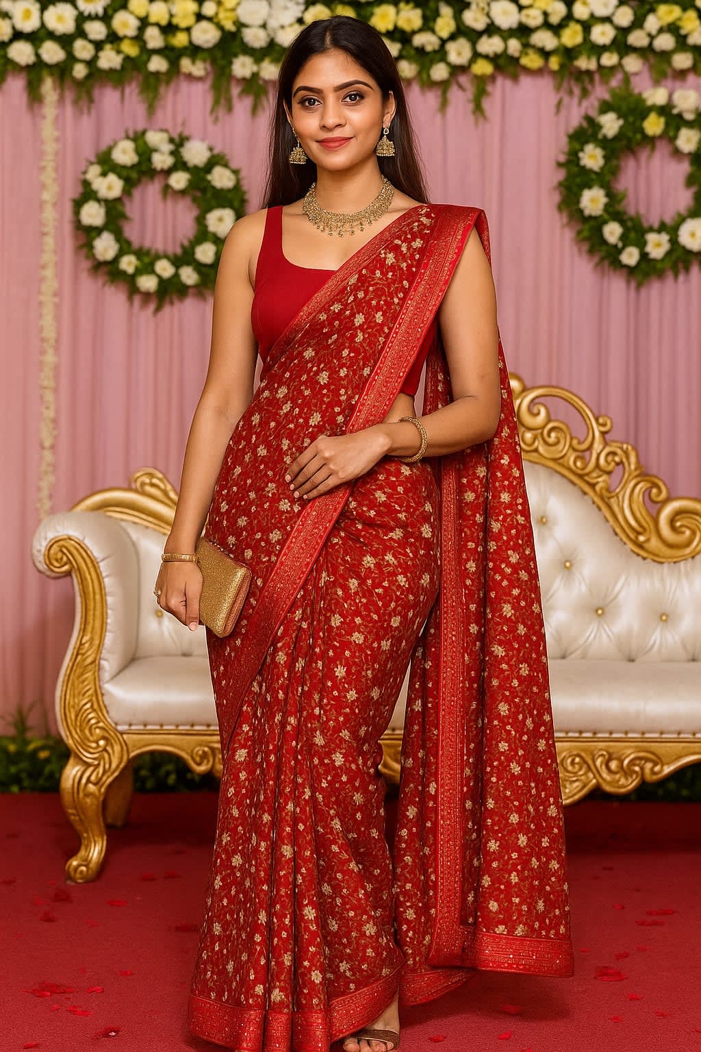 Radiant Red Floral Light Weight Saree with Sequin Border - View 4