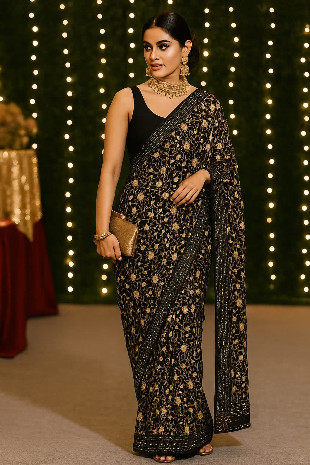 Elegant Black Floral Saree with Sequin Border