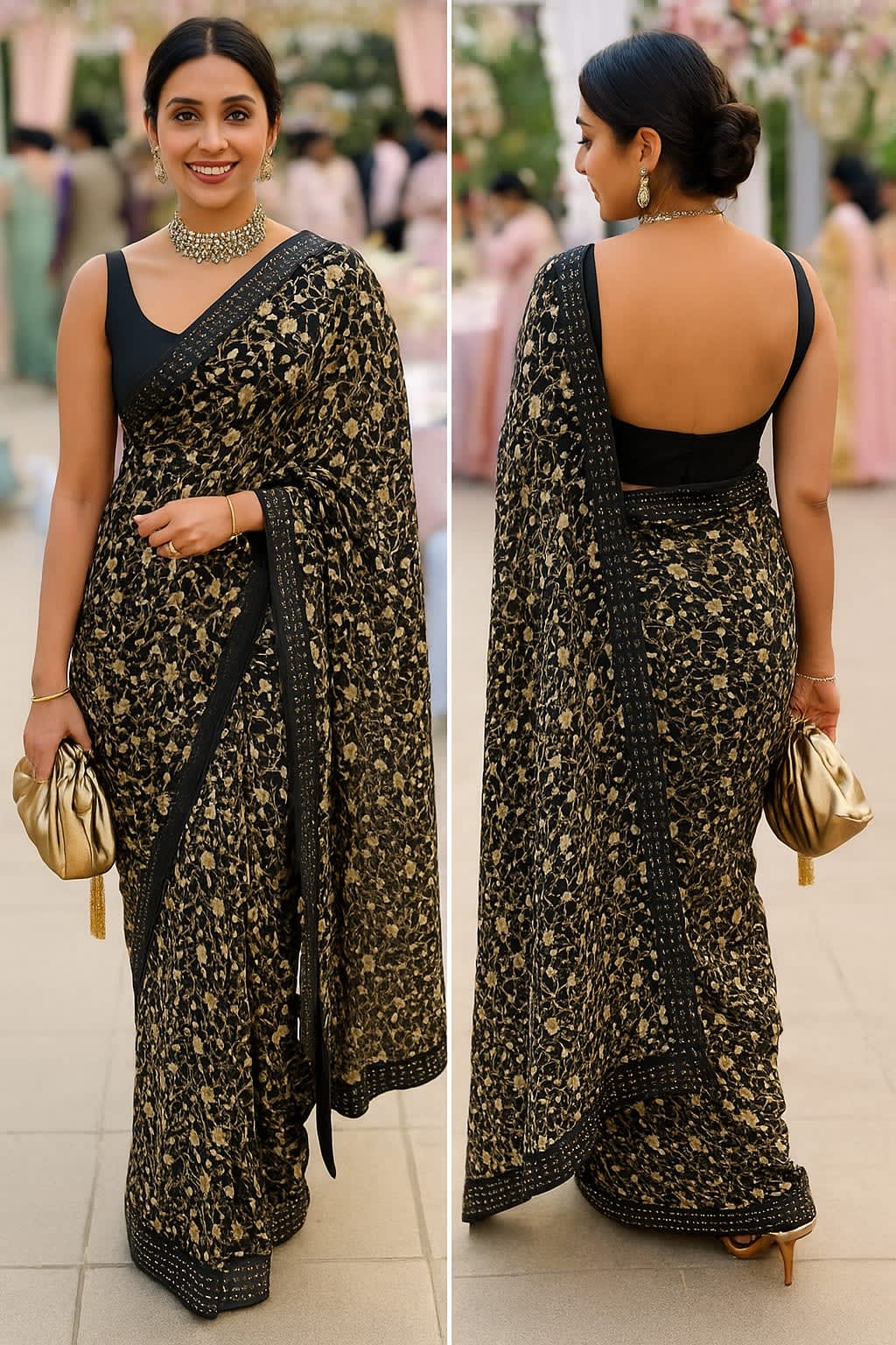 Elegant Black Floral Saree with Sequin Border - View 3