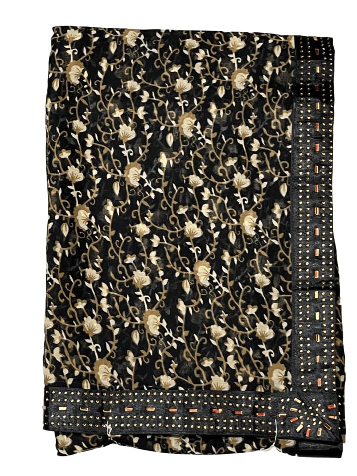 Elegant Black Floral Saree with Sequin Border - View 5