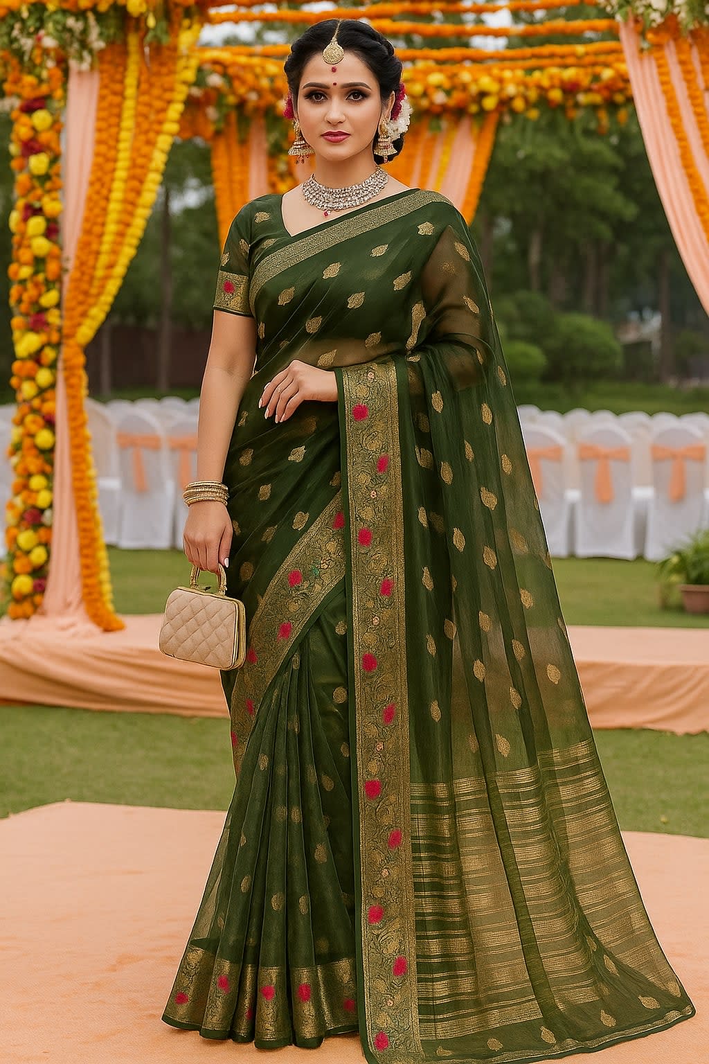 Mehndi Green Organza Silk Saree with Intricate Golden Zari Work
