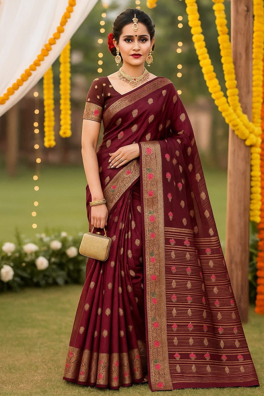 Radiant Maroon Organza Silk Saree with Golden Zari Work and Matching Blouse