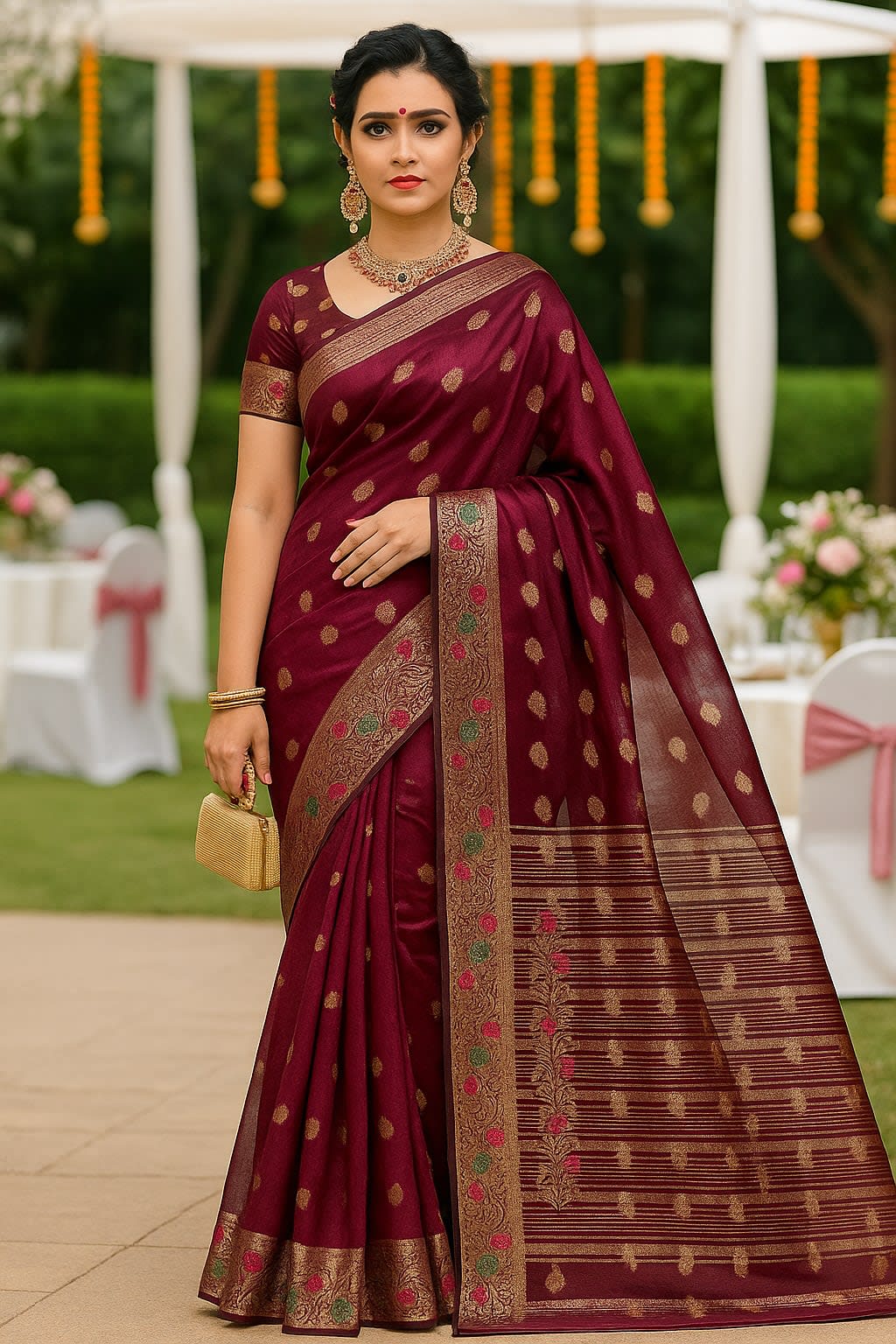 Radiant Maroon Organza Silk Saree with Golden Zari Work and Matching Blouse