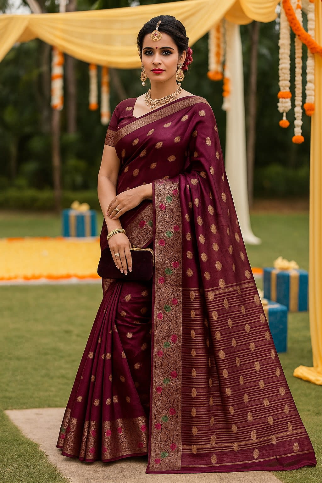 Radiant Maroon Organza Silk Saree with Golden Zari Work and Matching Blouse - View 3