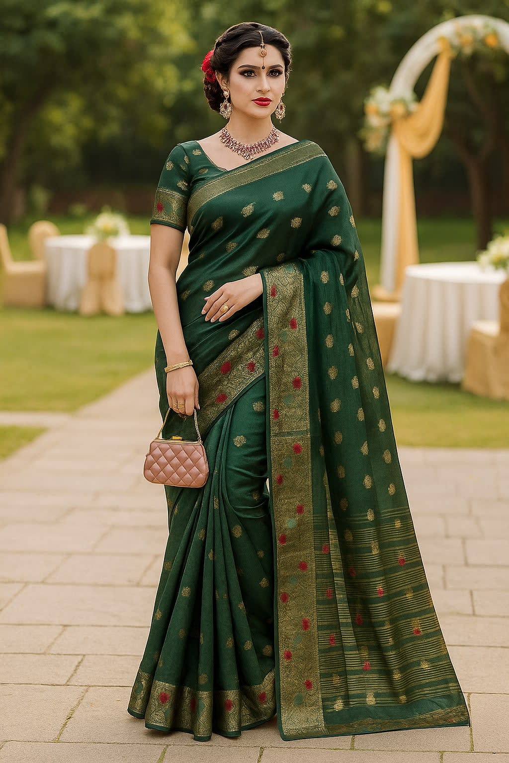 Radiant Green Organza Silk Saree with Golden Zari Motifs