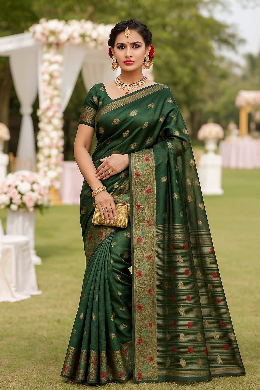 Radiant Green Organza Silk Saree with Golden Zari Motifs - View 3