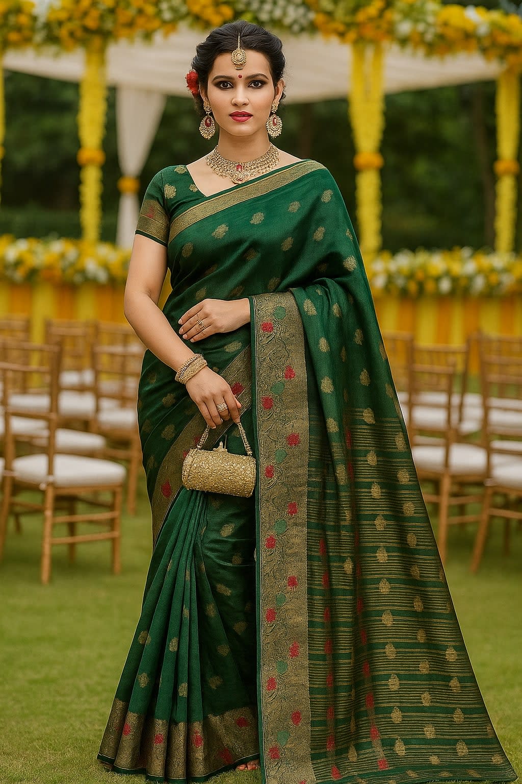 Radiant Green Organza Silk Saree with Golden Zari Motifs - View 4